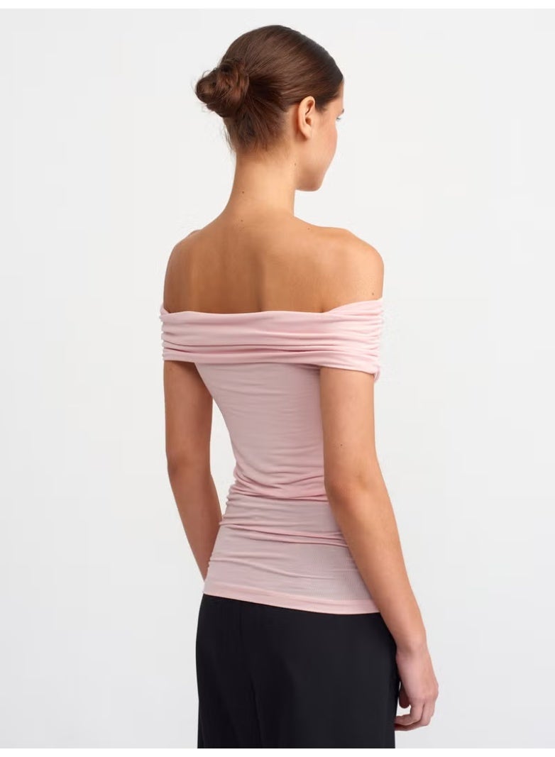 Dilvin 30902 Off Shoulder Gathered Top-Powder - Image 2